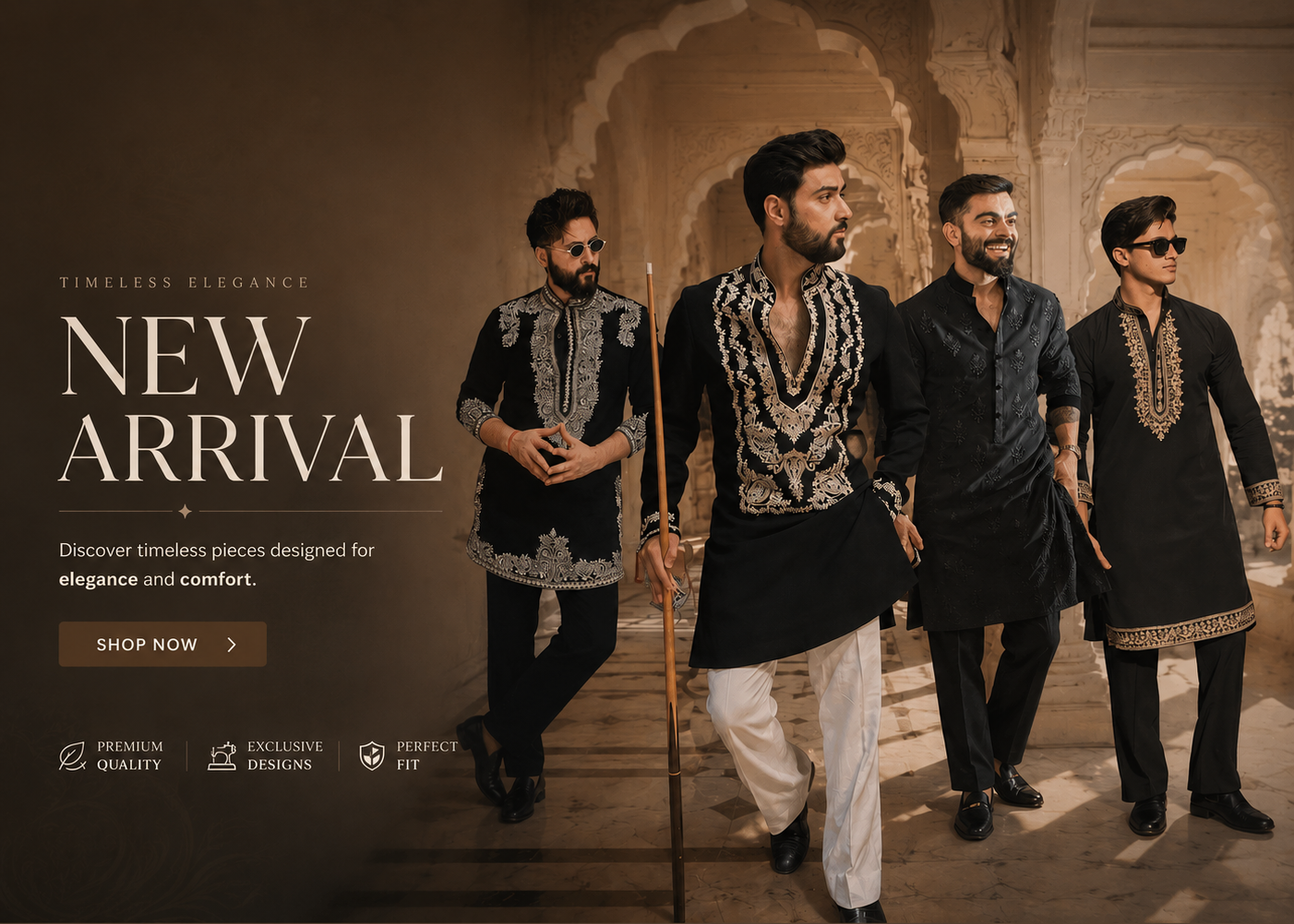 Men wearing traditional black and white outfits with text about new arrivals and product features.